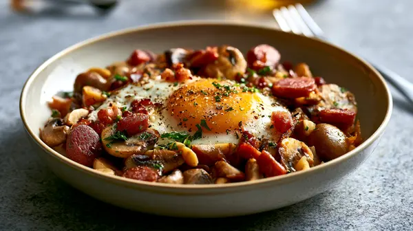 Níscalos con chorizo y huevo frito